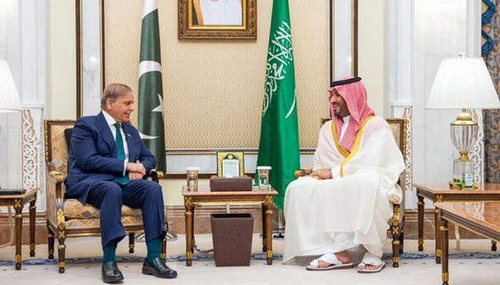 RIYADH: Prime Minister Shehbaz Sharif meets Saudi Crown Prince Mohammad bin Salman, here on Friday. –Agencies